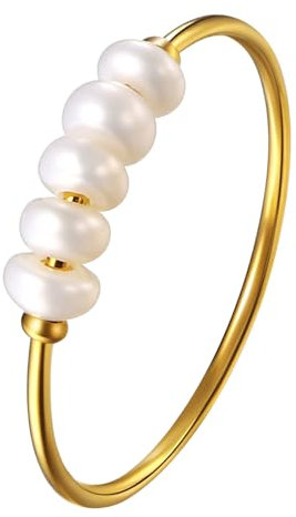 OIDEA Damen Ring aus Edelstahl mit Perlen: Perlenring Gold Ringe mit weiss Süßwasserperlen Verlobungsring Ehering Trauring Damenring Geschenk für Frauen Ringgröße 52