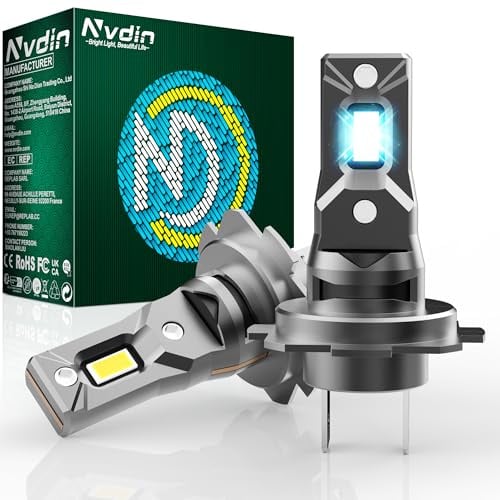 Nvdin ampoules h7 led 30000lm, lampe de phare 12v pour voiture et moto, taille des halogènes 1:1, montage direct pour les feux de route ou croisement, 6000k blanc