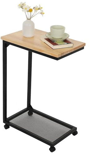 Mingone Beistelltisch C-Form Sofatisch mit Rollen Kaffeetisch Holz Design Laptoptisch für Kaffee Wohnzimmer Schlafzimmer,28x45x68cm (Kiefernholz)