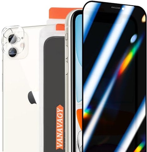 VANAVAGY 2 Pack Privacy Glass Screen Protector for iPhone 11, [2 Pack Camera Lens Protector] [Easy Installation] Plating Film with Frame Full Coverage Case for Apple 11