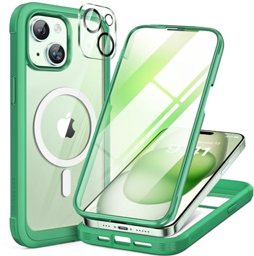 Miracase Magnetic Case for iPhone 15 Case 6.1-Inch, Full Body Bumper Clear Back Cover Compatible with Magsafe and Built-in 9H Tempered Glass Screen Protector + Camera Lens Protector (Green)