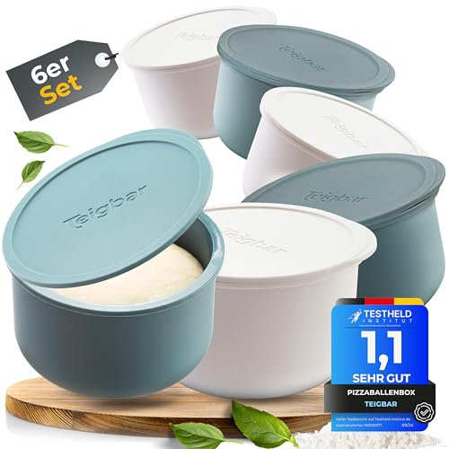 Teigbar Pizzaballenbox mit Deckel, 6er Set - platzsparende Teigbox aus löse-leichtem Silikon - bis zu 350g Pizzateig Box - Gärbox, Pizza Zubehör, Pizza Box - Blau/Weiß - Ø13cm