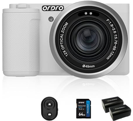 ORDRO G730 - Fotocamera mirrorless con video 5K, AF/MF, zoom ottico 12X, 3,2 pollici con schermo vari-angolo mirrorless fotocamera digitale con scheda SD da 64 GB (Standard Bundle, Bianco)