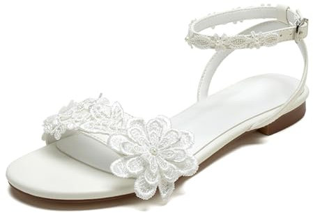 Sandales De Mariée Plates pour Femmes Dentelle Florale Bride À La Cheville Bout Ouvert Sandales De Fête Mariage,Ivoire,39 EU