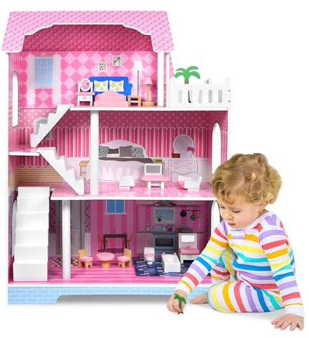 Kidsbuddy Maison de Poupée en Bois,Maison Interactive de Rêve à 3 Étages,Jouet Éducatif pour Filles,Maison de Jeux avec Accessoires et Mobilier,Cadeau Enfant,Jouet de Rôle Éducatif,100x36x70cm,Typ B