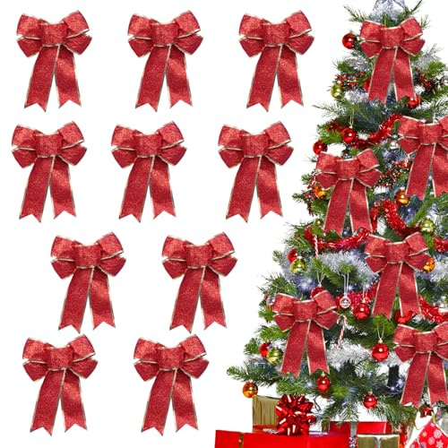 Creaher 10Pcs Christmas Bows Xmas Tree Ornaments, Large Christmas Wreaths Bows Christmas Tree Decorations Red Bows, Glitter Red Christmas Bows for Presents Box Christmas Garland Christmas Tree Bows