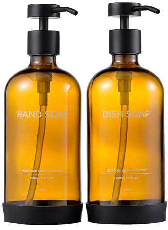 Janxin 2 pcs Amber Glass Soap Dispenser, Botes Gel y Champu Rellenables Baño, Bath Gel and Shampoo Dispenser, con Almohadilla de Silicona Antideslizante(Punto Negro de Botella marrón)