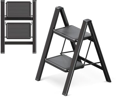GameGem 2 Step Ladder, 2 Step Stool for Adults, Folding Step Ladder with Secure Footing, Widened Pedal, Aesthetically Pleasing Looking, Blends Right into Domestic Rooms, Black
