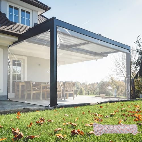 KJLEEN 2m×3m Clear Tarpaulin Waterproof Heavy Duty 440g/m² PVC Transparent Tarpaulin Clear Tarp with Reinforced Eyelets & Rope, Windproof Pergola Cover Gazebo Side Panels for Garden Greenhouse(2×3m)