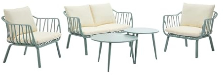Vente-unique-Garten-Sitzgruppe: 1 Sofa 2-Sitzer, 2 Sessel & 2 Tische - Polypropylen & Metall - Mandelgrün - LOYNA von MYLIA