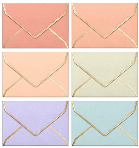 C6 Envelopes, 30-Count Coloured Envelopes for A6 Cards, Invitations & Notes, 114 x 162 mm, Ideal for Weddings, Birthdays & Thank You Cards, 6 Pastel Colours with Gold Trim