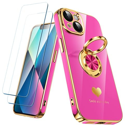Nonional Compatible for iPhone 13 Case with 2 Pack Screen Protector, 360° Rotatable Ring Holder [Luxury Hearts Pattern] Plating Gold Edge Slim Soft Phone Cover Case for iPhone 13 - Rose Pink