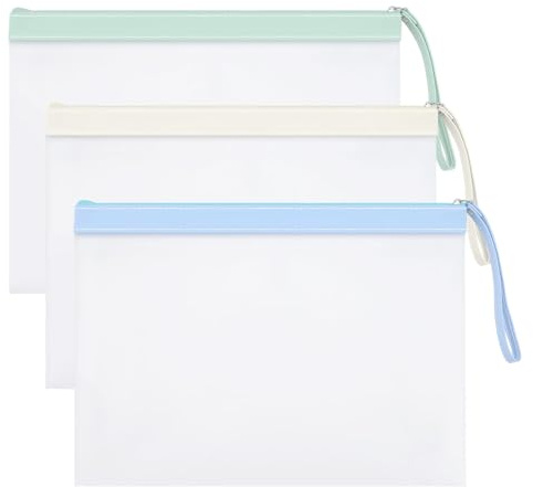 LELE LIFE 3 Pack Waterproof Zipper Document Pouch, Thickened A4 File Bag Clear Filing Folder Organizer for Paper, Project, Puzzle, Board Game Storage with Hand Strap