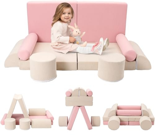10PCS Kids Play Sofa Bed,Modular Toddler Armchair,Convertible Baby Mini Fold Out Couch Lounger Set for Playroom & Bedroom,Kids Furniture,Easy to Clean,Birthday Gift for Girls Boys,Pink