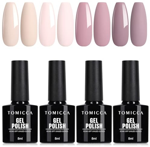 TOMICCA Gel Polish, Nude Gel Nail Polish Set- 4Pcs Nude Colours Neutral Brown Soak Off UV/LED Gel Kit for Salon & Home Manicure, Beauty Gift for Women Girls