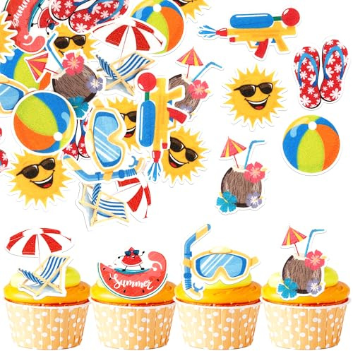 56 Stück Essbare Sommer Strand Pool Tortendeko Ball Sonne Regenschirm Kuchen Deko Waffel Papier Wassermelone Cupcake Dekorationen für Hawaii Strand Thema Baby Dusche Geburtstag Party Kuchen Dekoration