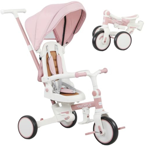 AIYAPLAY Kids Trike Foldable 5 in 1 Parent Handle Ages 1-3 Pink | Adjustable Parent Handle, Removable Canopy, 5-Point Harness, Footrest, Storage Bag, Toddler Tricycle