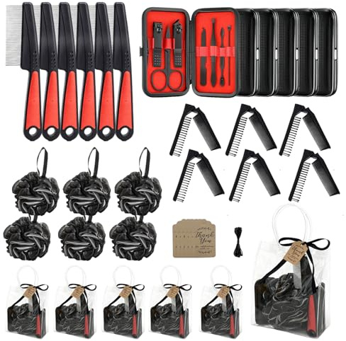 6 Set Baby Shower Prizes for Men with Dandruff Comb Remover Loofah Nail Clipper Set Folding Comb Gift Bags Thank You Tags, Game Prizes for Winners, Bachelor Party Favors for Guests (Bath Gift Pack)
