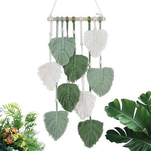 ZoeWei Boho Deko Makramee Set Makramee Wandbehang | mit Holzperlen und Grün Blätter Tapisserie Handgemacht Wandteppich für Schlafzimmer Wohnzimmer Kinderzimmer Wanddeko