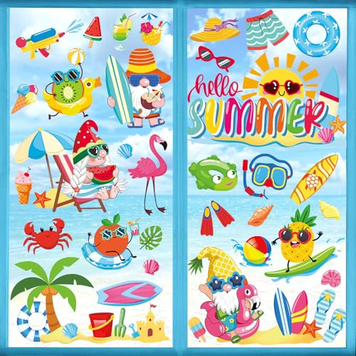 wondever Fensterbilder Sommer Strand Gnome Sonne Früchte Fenstersticker | Wiederverwendbar, Doppelseitig Statisch PVC Fensterdeko, Fenster Vogelschutz, Sommer Deko für Glas Tür Wohnzimmer Küche