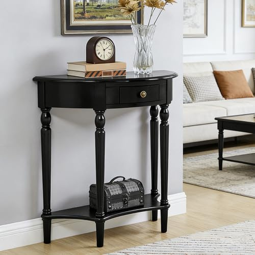 YTSJXN Mesa Consola Estrecha de Media Luna de Madera con 2 Niveles,Mesa Recibidor Entrada Semicircular,Mesa de Pasillo con Cajones,Console Table,Auxiliar,para Dormitorio,Balcón(Nero,L60cm/23.6in)