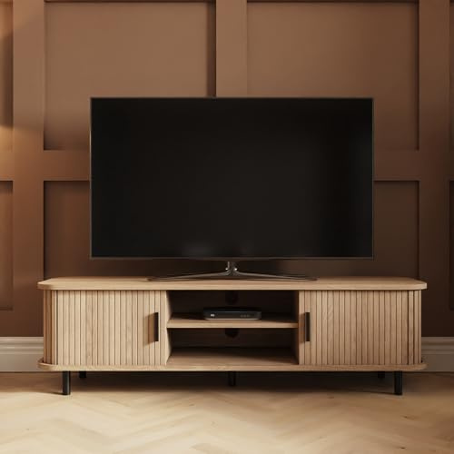 GFW Omari TV Unit with Slatted Doors & Open Shelving, Oak Effect Entertainment Stand with Metal Legs for Living Room