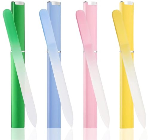 Set da 4 Lime per Unghie in Vetro di Cristallo Professionale, Lima Doppia Faccia con Custodia Individuale, Strumenti Manicure 14cm per Unghie Naturali e Gel, 4 Colori Pastello