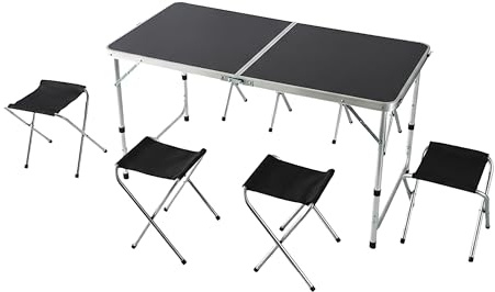 Relaxdays Campingtisch, 4 Sitzhocker, klappbar, höhenverstellbar, mit Tragegriff, Aluminium, MDF, Klapptisch, schwarz