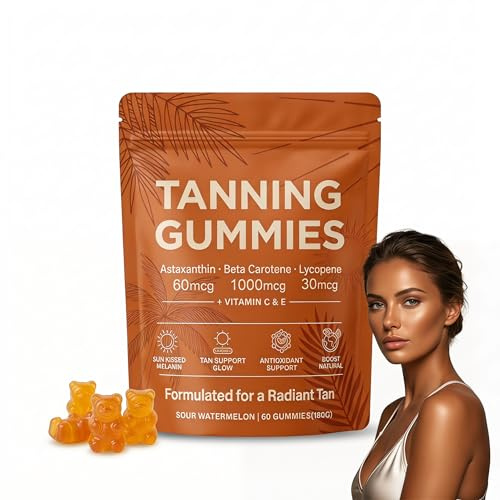 Tanning Gummies Fast Tan Without Sun, Antioxidant with Beta Carotene, Astaxanthin, Lycopene & Vitamins C&E, Sunbed Tanning Accelerator,Tanning Gummies for Sunless Glow, 60 Capsules(1 Bag)