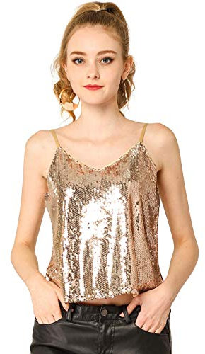 Allegra K Damen Festliches Oberteil Glitzer Top Spaghetti Party Club Camisole Pailletten Shirt Gold M
