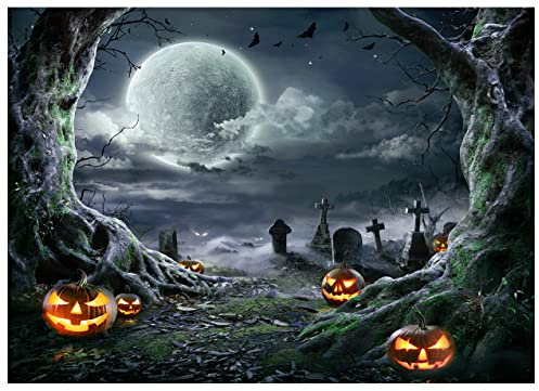 AIIKES 8x6FT Halloween Horror Notte Fotografia Sfondo Horror Notte Sfondo Zucca Lanterna Sfondo Notte Nera Grande Albero Luna Sfondo Nuvola Bianca Pipistrello Sfondo 11-897