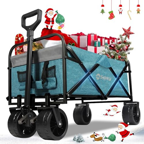 Sekey Folding Festival Trolley with Wide All-Terrain Wheels, 440LB Large Load Capacity, Heavy-Duty Camping Wagon with Brake, Sturdy Beach Garden Cart, Adjustable Handles & Drink Holders, Light Blue