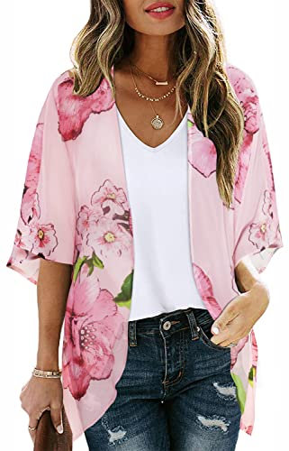 Kimono cardigan ample à manches bouffantes pour femme Imprimé floral, fleurs roses, XX-Large