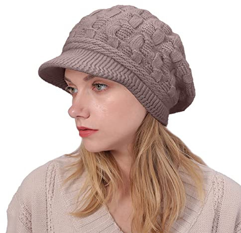 Joligiao Baskenmütze Damen Gestrickte Barett Winter Mütze Warme Stricken Wolle Barett Fleece Futter Einfarbig Warm Wollmütze Geflochtene Retro Lässige Klassische Französischen,Khaki,One Size