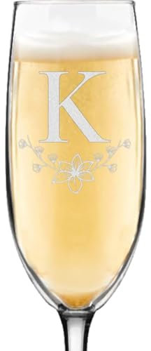Flûte à champagne gravée au laser avec initiale florale de 237 ml avec une boîte cadeau, monogramme sur le thème des fleurs personnalisé pour elle (K)