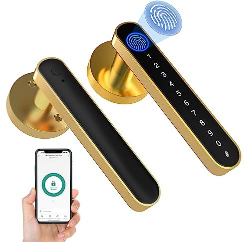 eLinkSmart Fingerprint Door Knob, Keyless Entry Door Lock with Keypad Handle, App Controlled Smart Door Lock Security, Electronic Biometric Code Door Lock for Bedroom Interior Garage Hotel - Gold