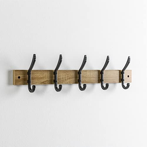 HOMN LIVING Portemanteau Mural Amaia avec 5 cintres, Couleur Chêne/Noir, 60 cm (Largeur) 15 cm (Profondeur) 7 cm (Hauteur)