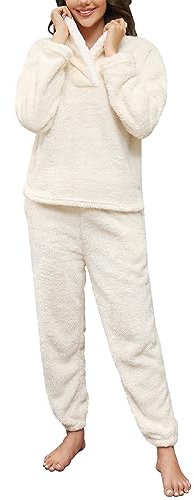 TOMEEK Set Pigiama Invernale da Donna Set da Pigiama a Maniche Lunghe in Pile Set da Salotto Morbido Caldo per la Casa con Felpa e Pantaloni,Bianco,Taglia XXL