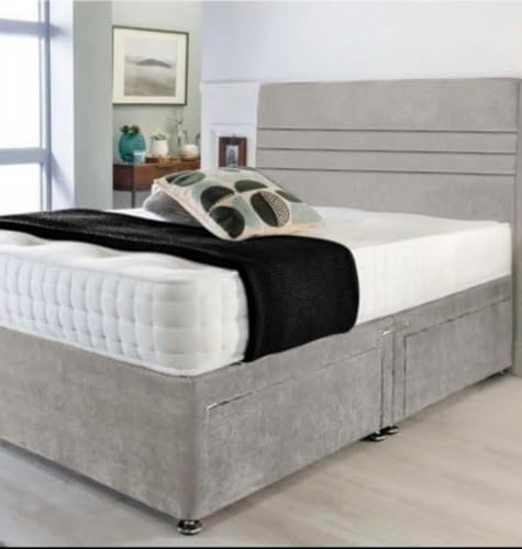 Fireplaces 4 Life Light Grey Plush Divan Bed Set + Memory Mattress + 24 Matching Headboard * Storage Available (2 Drawers Same Side, 4ft6 Double)