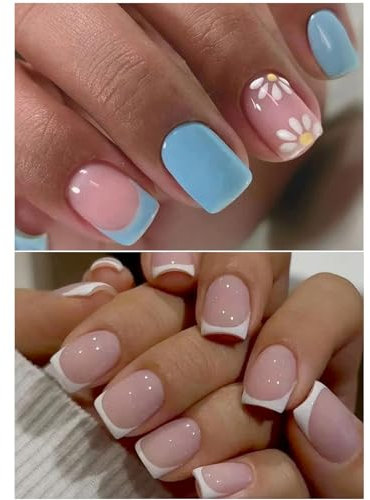 Ceboic 2 Packs (48 Pcs) Press on Nails Short, Square False Nails Reusable Full Cover Acrylic Fake Nails with Adhesive Tabs, Pink Glitter & Flowers Designs Stick on Nails Set for Women Girls Nails Art