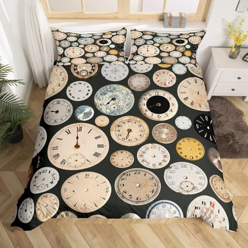 Pechiwuo Bettwäsche 135x200 Uhr Retro Bettwäsche-Set Winter Weiche GebüRstet Mikrofaser Bettzeug Set 3D Uhr Retro Kinderbettbezug 135x200 cm + 2 Kissenbezug 80x80 cm,C132