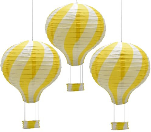 CEEYSEE 3 Stück Hängende Heißluftballon 30cm Bunt Papier Ballon Lampions mit Gondel Falten Papierlaterne für Hochzeit,Party Dekorationen (Gelb/RQHUS)