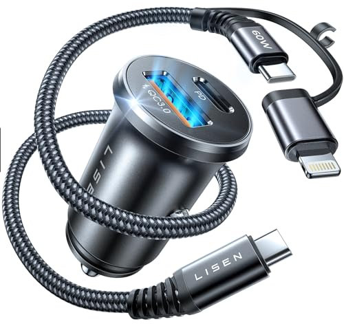 LISEN for iPhone 16 Car Charger USB C Car Charger 54W All Metal Cigarette Lighter USB Car Phone Charger Adapter with 3.3ft Type C/L Cable Fit 12V USB Socket for iPhone 15 pro max 14 13 12 Samsung S24