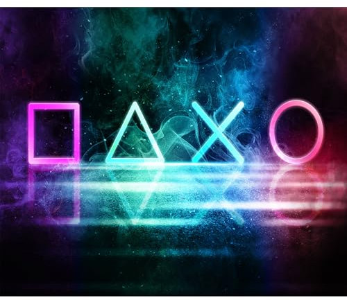 decomonkey - Papier Peint Panoramique Hobby 350x256 cm - Décoration murale moderne – Tapisserie décorative pour chambre salon - Enfants néon coloré adolescent fumée symboles jeux de jeux