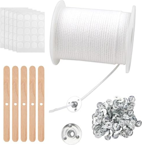 6100cm Kerzendocht Set: Baumwoll Dochte für Dicke Kerzen, Dochte für Kerzen gießen, Kerzendochte mit 100 Metallbasis Aufkleber, Natürlichen Candle Wick für DIY Kerzenherstellung Weihnachten.