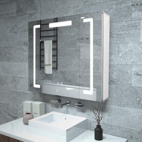 Janboe Aluminum Mirror Cabinet with Light,32×24inch, Wall Mounted Bathroom Cabinet with Mirror,Dimmer,Defogger,3 Color Temperature