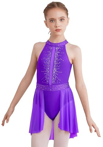 TiaoBug Enfant Fille Justaucorps de Gymnastique Paillette Robe Danse Lyrique Classique Robe de Patinage Artistique Léotard Ballet Latine Jazz Tango Dancewear 5-14 Ans Violet H 11-12 ans