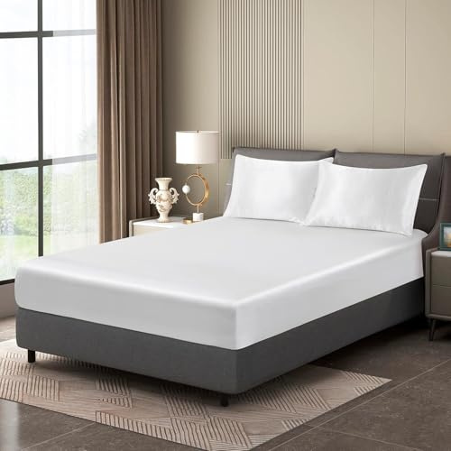 Luowei Satin Spannbettlaken 90x200cm Seidig Kühlend Sommer, Weiß | Seidiger Glanz Boxspringbett Spannbettlaken, Weich und Komfortabel, mit Rundum-Gummizug für 25-30 cm höhe matratze