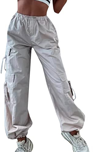 Pantalon cargo ample rétro multi-poches taille basse cordon de serrage nez de cochon boucle mince droite tissé décontracté pantalon femme taille haute satin cargo pantalon, kaki, S