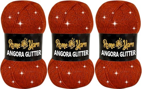Rome Yarn Filato Angora Glitter | Filato Glitter per Maglia e Uncinetto (3 Gomitoli, 263 Rosso mattone)